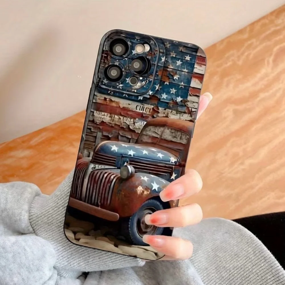 iPhone Phone Case American Flag Vintage Truck Black TPU Shockproof Case